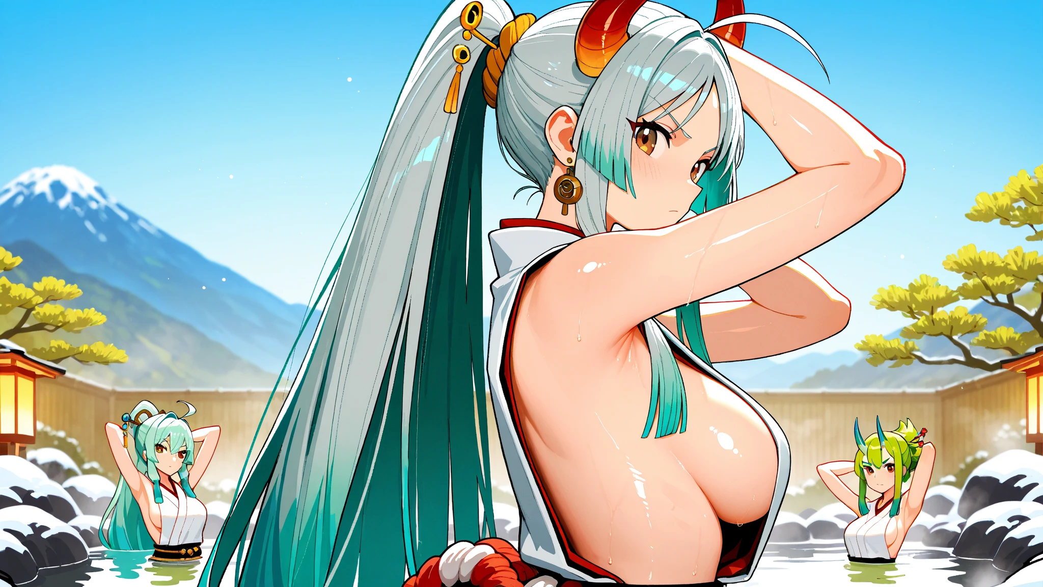 ultra realistic 8k cg, masterpiece, ((ultra detailed background, delicate pattern, intricate detail)), (highly detailed, fine details), best quality, (photorealistic:1.4),beautiful lighting, absurdres, RAW photo, film grain, ((Big breasts, Masculine girl)), Yamato, long hair, 1girl, horns, white hair, solo, oni, red horns, curled horns, hair ornament, (multicolored horns), jewelry, earrings, japanese clothes, kimono, hair stick, sleeveless, bare shoulders, aqua hair, sidelocks, hoop earrings, hakama, smile, wide smile, ((orange eyes, Masculine girl, Big breasts)), (complex detailed background, barren land, moon, portrait, close-up),a woman in a nappy plays with a dildo in her face, 1girl, mouth mask, solo, mask, phone, object insertion, v, pussy, anal, anal object insertion, holding phone, pubic hair, cellphone, thighhighs, female pubic hair, lying, black hair, smartphone, shoes, on back, white thighhighs, sex toy, stuffed toy, anus, holding, selfie, feet, looking at viewer