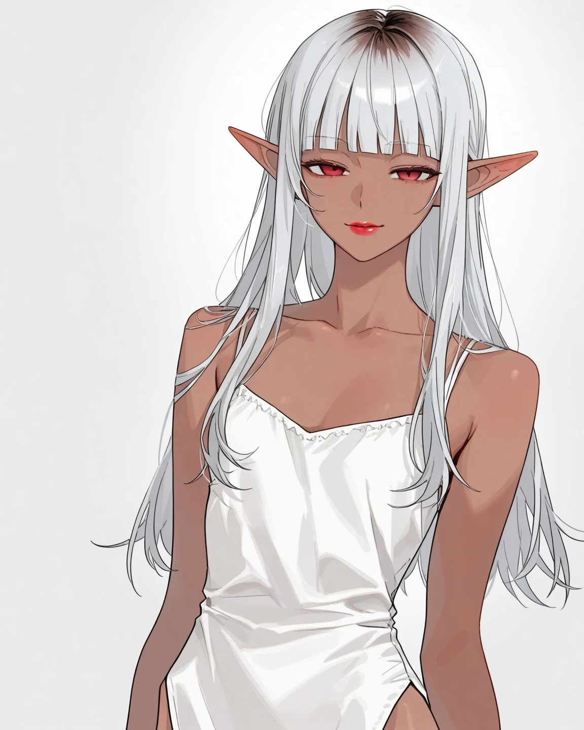1girl, cute and young, beautiful girl, (grey skin), dark elf skin, grey skin color, dark elf girl, white hair, perfect body, skinny, red eyes, nice chest, nice , white and beige medieval fantasy clothing, blue background, RPG, fantasy