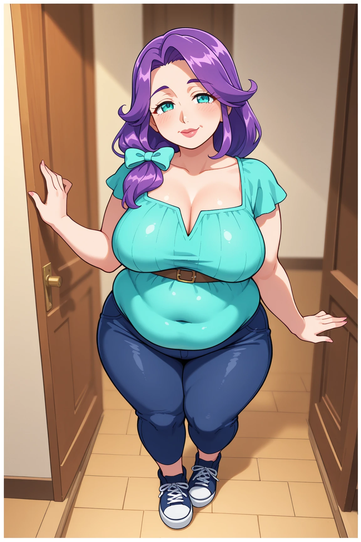 an overweight girl big breast sexy beautiful tenderness long soft wavy purple hair her light blue eye bright pink lip she wears a suit short blue button top sexy curve and her pants Big jeans sexy thigh black heels she cooks her husband hugged seduce you sex her