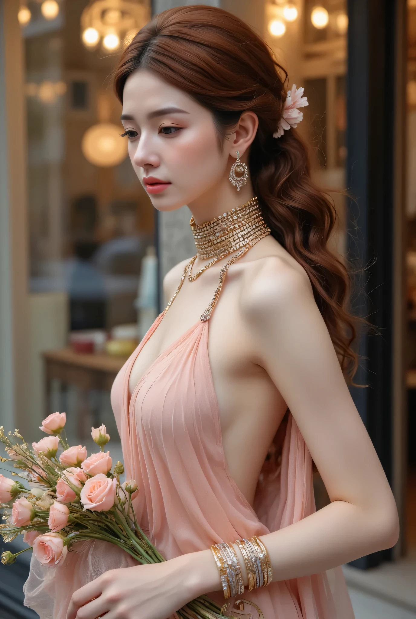 (Perfect body, delicate face, best quality: 1.2), Korean beauty model, diamond earrings, sexy and beautiful, red brown high ponytail, long flowing hair, wearing a couture dress full of soft tones Italian, multi-layered draped diamond waist chain anklet bracelet, large round gold earrings, cute, beautiful, sexy fusion, chest, soft bokeh background, high resolution, super detail, beautiful and artistic, perfect lighting, fashion-forward style, dreamy movie lighting atmosphere, outside the front window of a Turkish lighting store