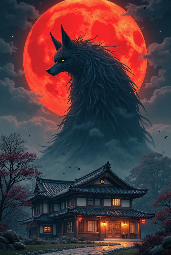 Huge red moon, dim city, huge monsters roaring in the streets, surrealism