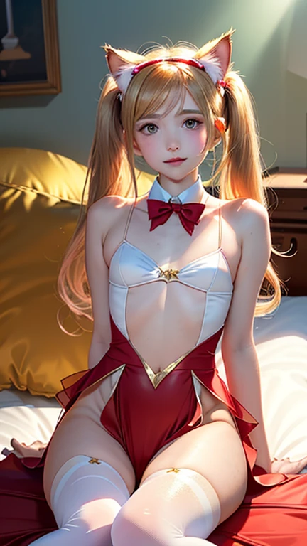 masterpiece, best quality, extremely detailed CG unity 8k wallpaper, (Upper Body head close-up shot of a beautiful little girl), , Elegant Long straight blonde hair, (Mckenna Grace), (flat chest,thighs), (red-blue) golden (Glittering tutu,long Bunny Ear Headgear, , Bow-tie, No panties, genitals visible), (spread legs), (Blush), oil skin, (seductive smile), (Wonderland), pretty face, key art, award winning, intricate detail realism hdr, by (ruan jia and artgerm and range murata), Photorealism, Hyperrealism, ultra realistic, dramatic light, intense shadows, gorgeous view, depth of field
 
