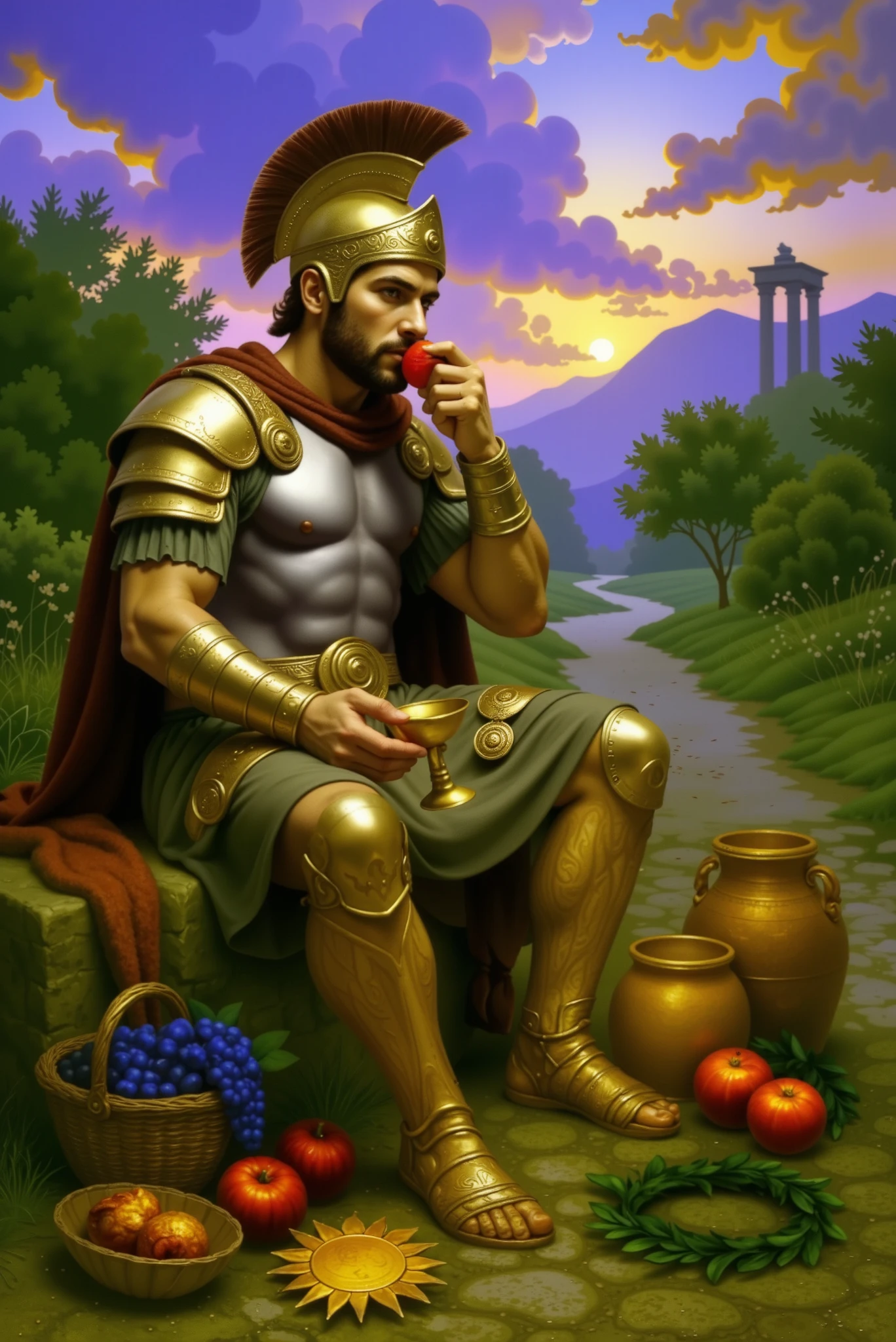 Cycnus, son of Ares, sits at the edge of a dusty path in the golden light of dusk. His eyes gaze at the horizon as he rests among the spoils of battle—broken helmets, ornate swords, and lion skins. He is serene, almost contemplative, with a bronze chalice in his hand, savoring the wine of victory. In the background, distant mountains and the whisper of ancient trees complete the scene. The atmosphere is epic and melancholic, as if Olympus itself watches in silence.