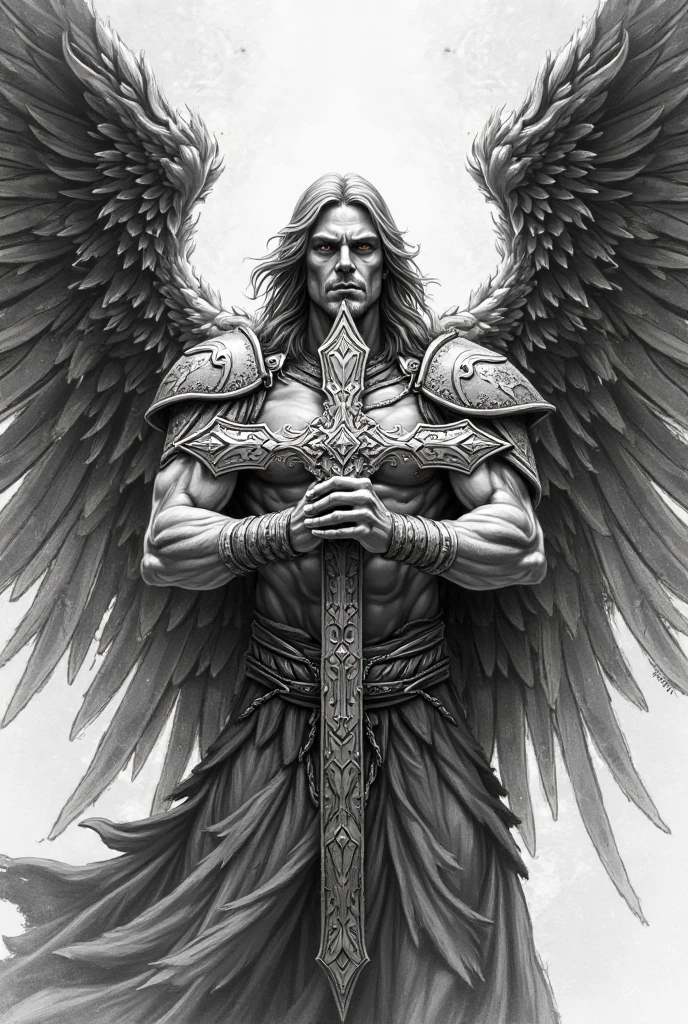 Create an archangel Michael tattoo for the forearm in black and white. 