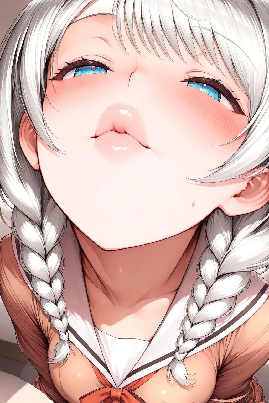 ((high quality colour line art)), (highly detailed), ((cute girl face)), necklace, (naked), (((sunny beach))), ((pale skin)), (long white hair), (((chubby))), ((close-up)), ((fellatio)), tears, ((crying)), wet, drooling, looking at viewer, ((sperm drooling out of mouth))