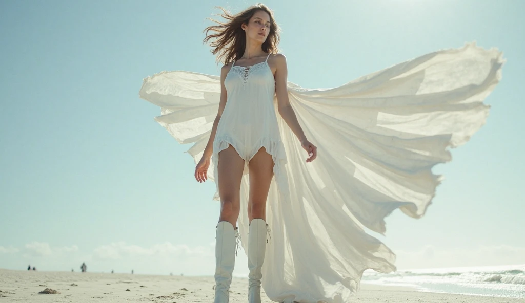 (YES SFW), [wabstyle, realistic hands, high details], beauty plump Warrior woman with brown hair in white leather boots, sword, ((proportional body))，Refined looks，Fairy air fluttering，The gauze skirt flew up，Take photos on the beach，ultra-realistic realism，color field printing，high detal，hyper HD，anatomy correct，cinematic lighting 4d quality. Perfect simmetrical face. The perspective is from below, emphasizing the sheer majesty and power of the woman. ((The perspective is from below, emphasizing the sheer majesty and power of the woman))