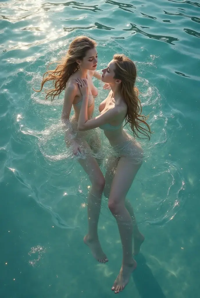 Generate an AI artwork that visualizes Lexi and Ellie diving into the sea of passion. The image should be hyperrealistic, capturing the dynamic movement of the water as they dive together. Showcase the underwater world with precision, using Stable Diffusion to create a stunning and visually striking scene. Pay attention to the details, such as the refracted sunlight and the ripples in the water.