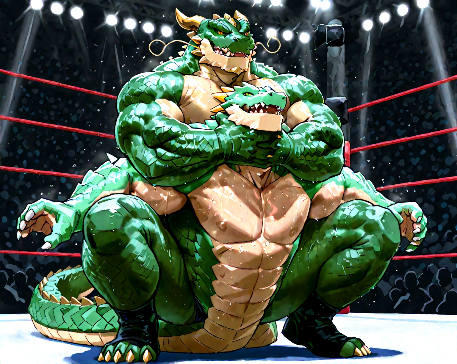 ((( masterpiece, Highest quality, High resolution, Deeply drawn boundaries, 8k, Super detailed))), ((Detailed face:1.2, Detailed eyes)), Lizardman, male , (Wrestler), (hot pants), Full body view, (belly scales), Professional wrestling ring, Standing with legs apart, Slit pupil, Green scales, Wrestling boots, Arms crossed, Toned buttocks,