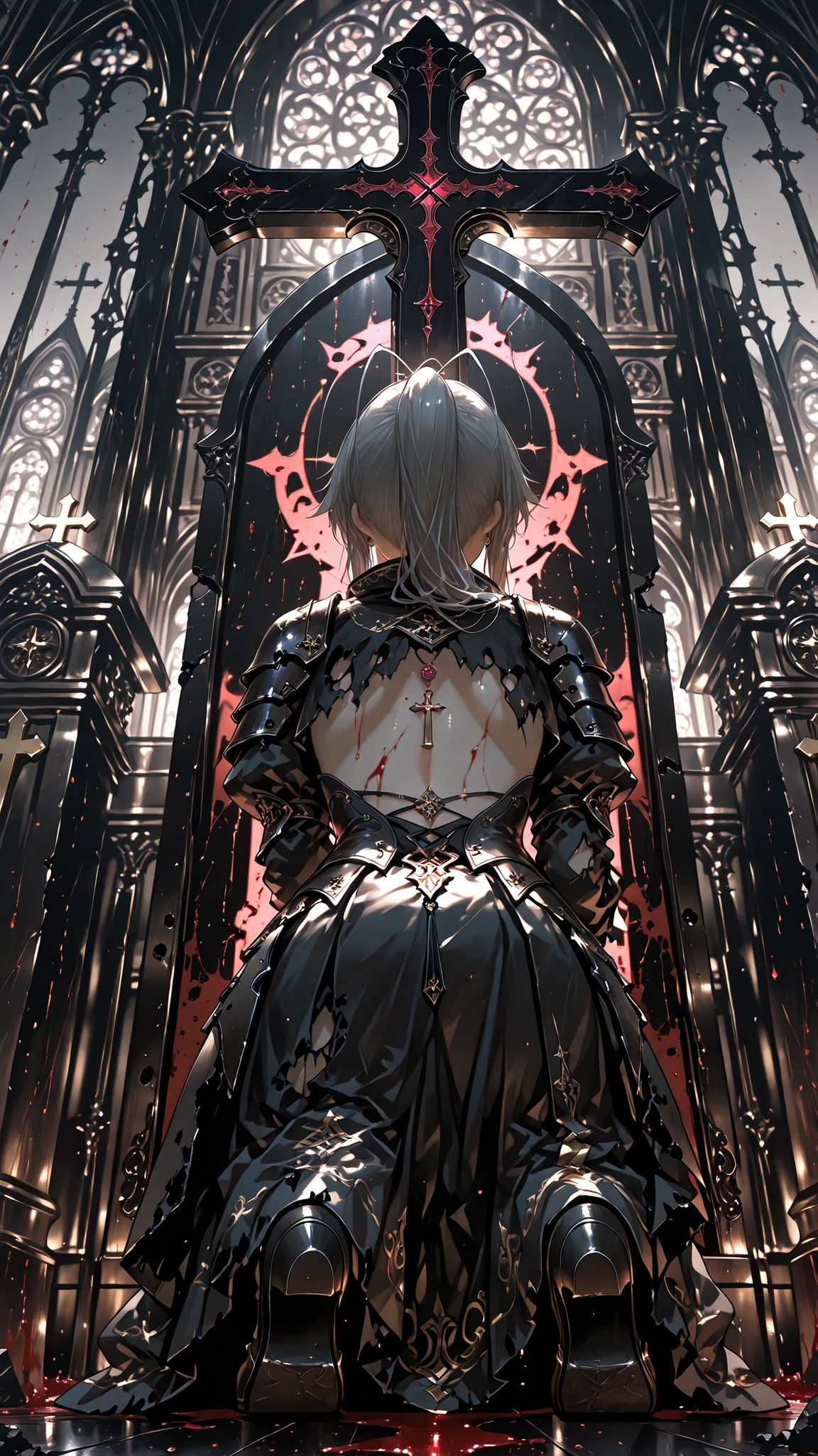 ((Put one knee on the ground)), squat, ((pray)), from behind, ((solo)), flat color
BREAK
masterpiece, highest quality, Ultra High Quality, k, Beautiful and delicate girl, (nup, ripped and torn and tattered:1.2),
1 girl, ash gray hair, ((pray)), antenna hair, (long ponytail), (brad stain), ((from below)), looking up, Backless costume, long skirt,
Church short cloak, Japanese school uniform,  
, (detailed lighting), 16:00, sharp focus, blood rain, huge cross in the background, dark color outfit, Heavily damaged armor, Injured , perspective , (detailed lighting) , rim lighting , ((sharp focus)) , (dark lighting),