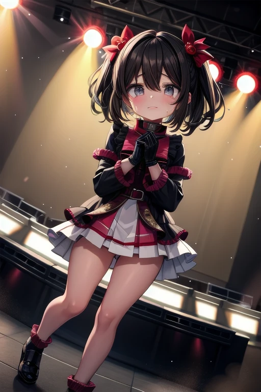 masterpiece, best quality, highres, hmmarnie, aqua eyes, black ribbon, tiara, earrings, jewelry, belt, black dress, pink dress, short sleeves, bow, standing, cowboy shot, neo champion, blush, extreme background, flames, stadium, shy pose, fingerless gloves  