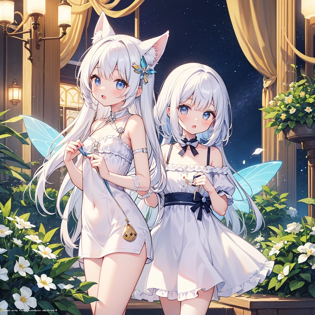 fantasy,merchant,{thighs with vine},beautiful breasts,{{{white cloth with plutinum vine}}},cameltoe under bodystocking,campanula,silver hair,short bob cut,{{fennec ears}},naughty face,night,bedroom,legs up,(see through:0.4),sweet perfume,Dryad,fluffy fox tails with ribbon,focus vagina,