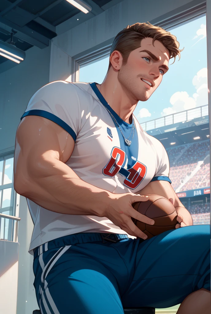 Shirtless, PANTLESS, naked just WEaring white thong and cap, 17 years old boy, Draw a full-fledged athlete boy,Stand on the central field of the baseball stadium,He wears high-end baseball cap,The boy looks confident and determined,looking to the camera, hairy armpits, hairy pubic, hairy crotch