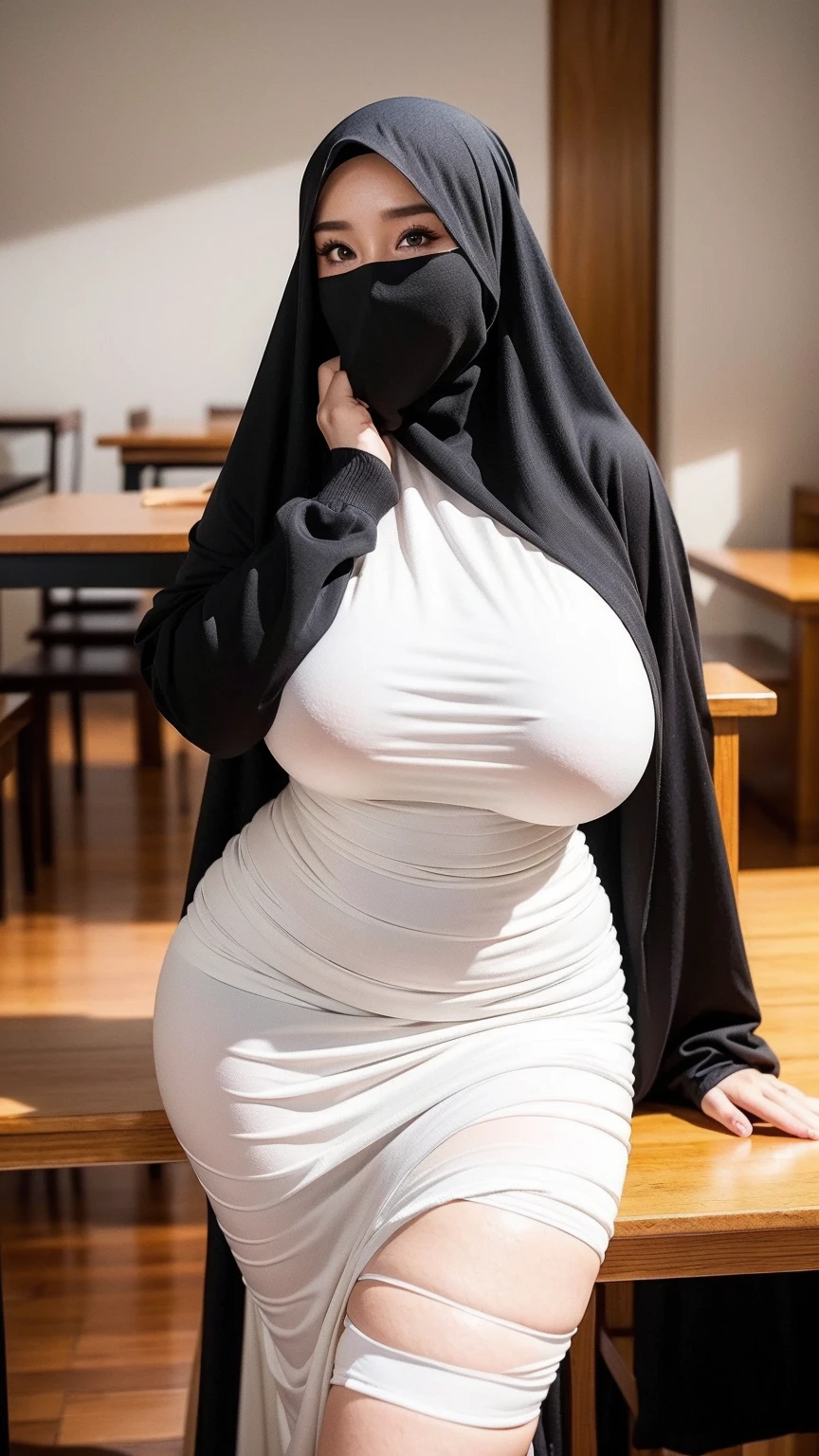 8K, high quality, nice lighting, soft lighting, realistic, dark eyes, sexy, big breasts, thick thighs, wide hips, muscular, malaysia, black dress, long sleeves, Jewelry, sexy lady, asian, hijab, niqab, sexy pose, showing big thighs, nice body, natural largest breast, wearing wedding rings, hand sock