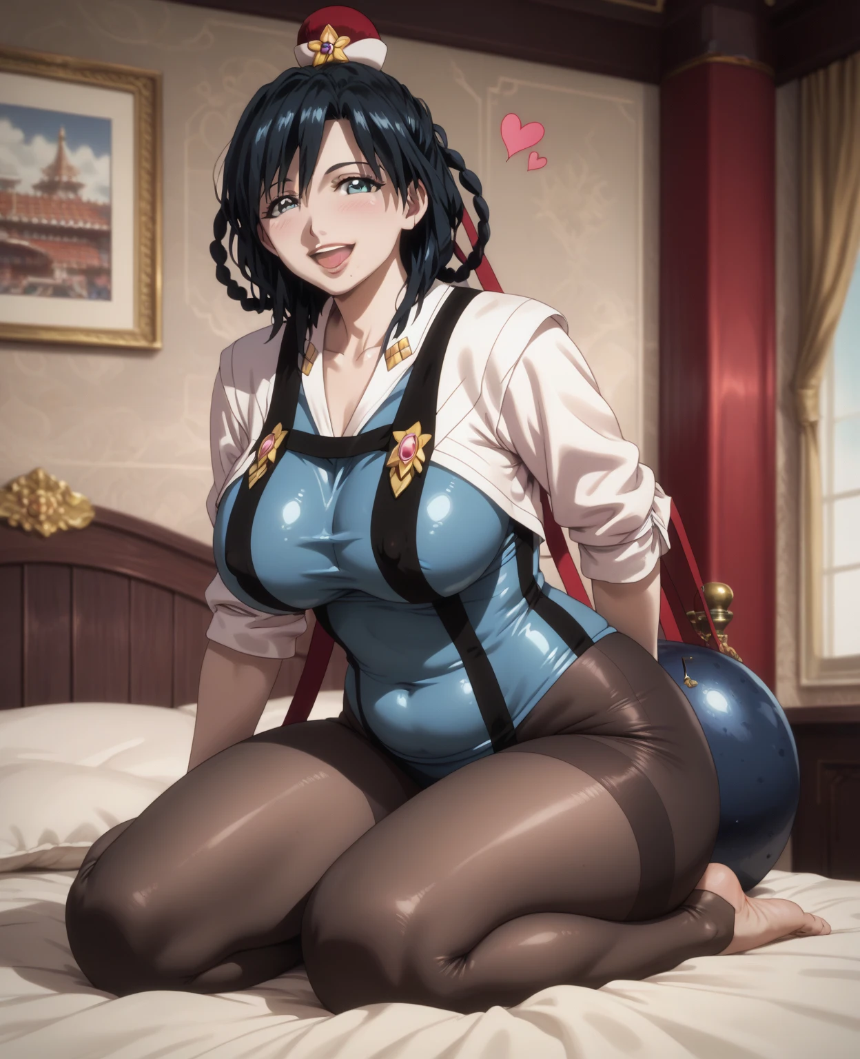 Beautiful female, golden eyes, blue curly hair, chubby, ecstasy expression, big boobs, short hair, navy pajamas, lace, sitting on bed, ecstacy, pleading eyes, chubby, thick framed glasses, (((((huge muscles)))))