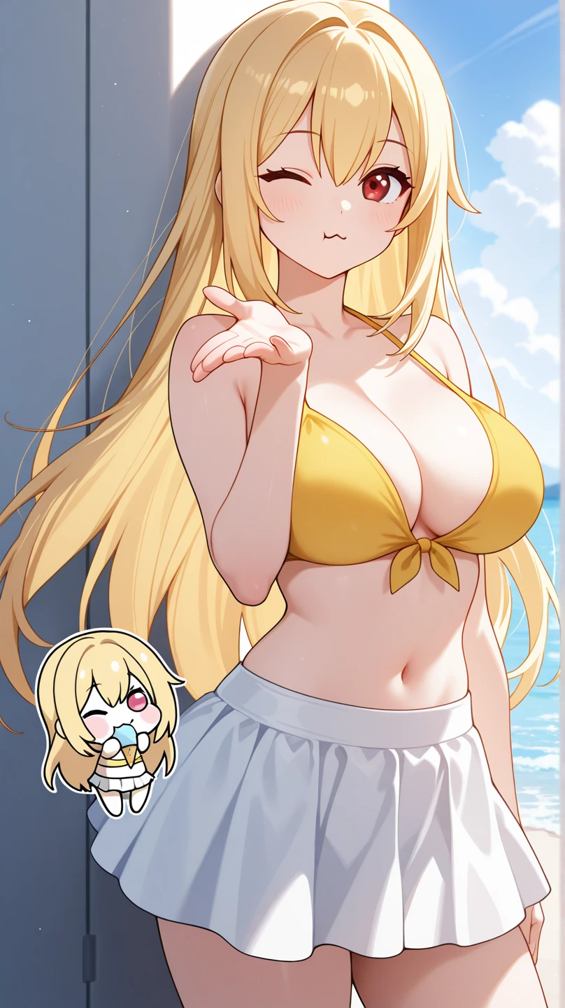 Bishojo anime style,pregnant high school girl,
blonde long hair with 1 side bun,
wearing Cow pattern print bikini,
scrunchie,Semicircular eyes,laugh,happy mood,
