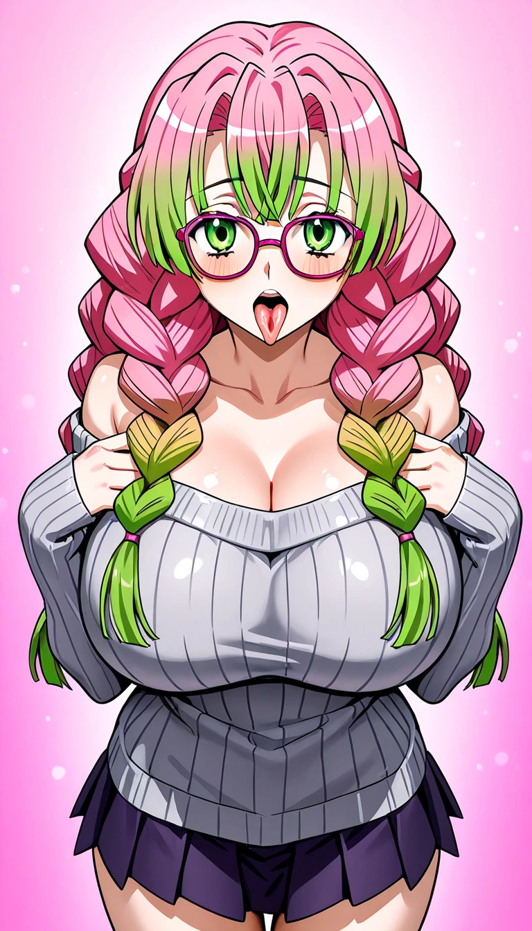 (masterpiece, best quality),  intricate details,
MitsuriKanroji,  kanroji mitsuri, 1girl, solo, long hair, winking, green eyes, pink hair, braid, green hair, twin braids, smile, cute smile, blushed smile, blush, blushing, large breast, huge breasts, bikini top, headshot, collarbone, neck, bare shoulders, pink bikini top, cleavage, in frame, peeker, top angle, shot from above, head shot, perfect shot, plain background, white background, photoshoot, complete head in frame, top of head, zoomed out, top of head, perfect shot, perfect framing, 