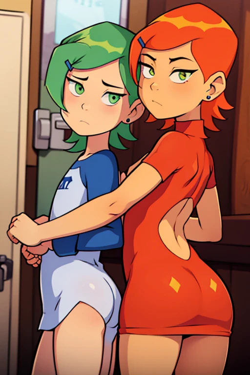 Frankie Foster from Foster Home For Imaginary Friends, red hair, slim, white shirt, midriff, hairclip, choker, purple skirt, orange socks, blue sneakers, kneeling, doggystyle sex, room, 3d, spiky hair, ponytail, on all fours, shota-boy