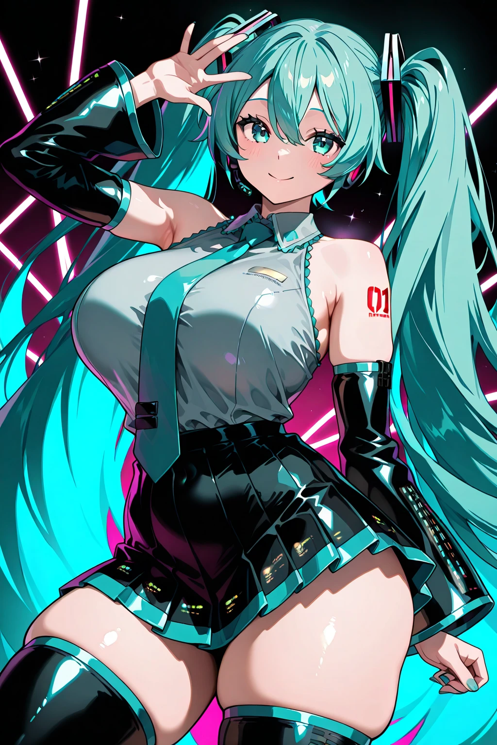 1girl, very sexy goth outfit, cute mature smiling face, fishnets on legs and hands, hatsune miku, on dark japanese background