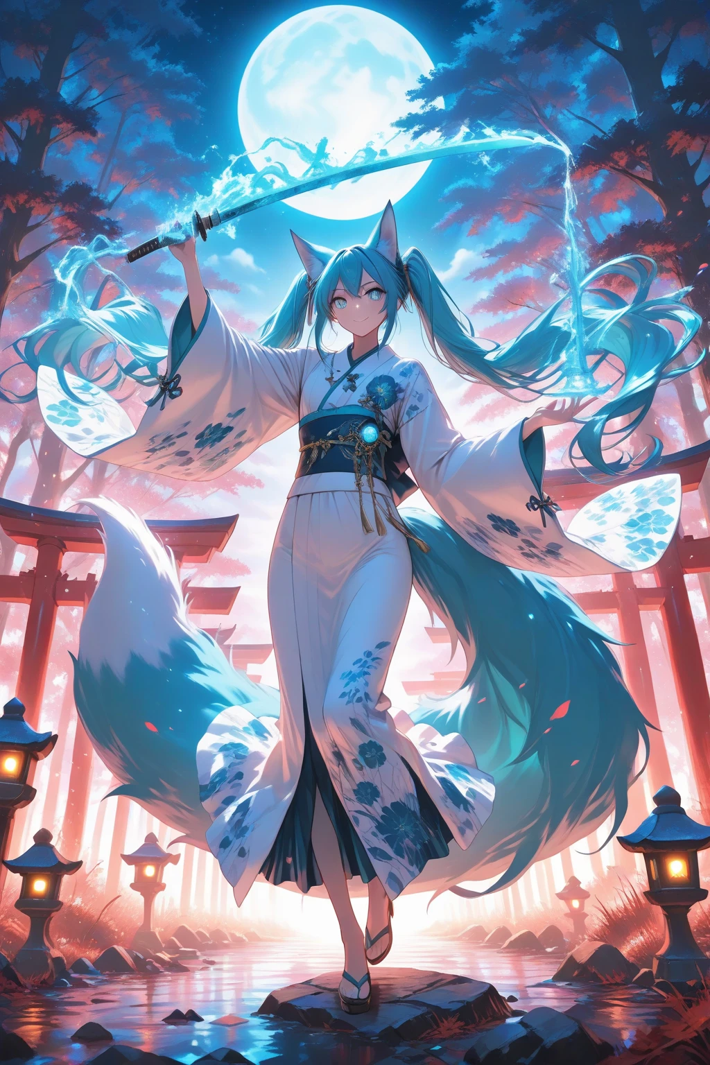 Miku Hatsune, agregar alta definición_detalle:1, pelaje azul,Orejas de Kitsune, japanesse tattoo art agregar_detalle:1, brazos al aire, japanese samuray costume add_detail:1, resplandecent body