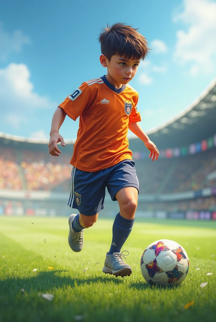 A child playing soccer in a stadium wearing a very blue Nike team shirt drawing