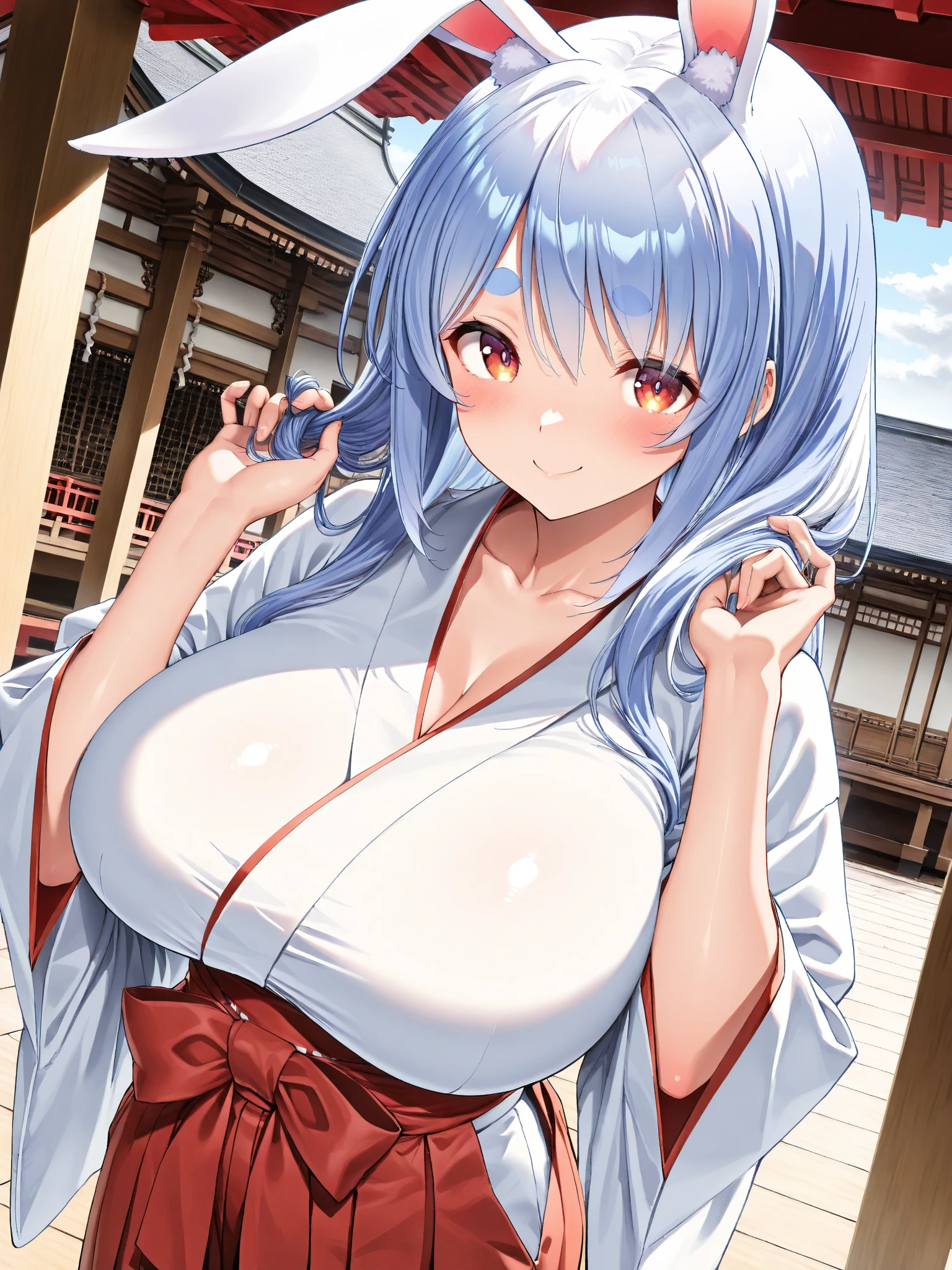 My name is Yukiko.I am a white test woman with long Sky blue hair,red eye color.I am 1.62 cm tall . My breasts measure 200 cm, my waist 40 cm and my hips 200 cm. Dressed in an elegant, low-cut kimono   . With big breasts 200 cm