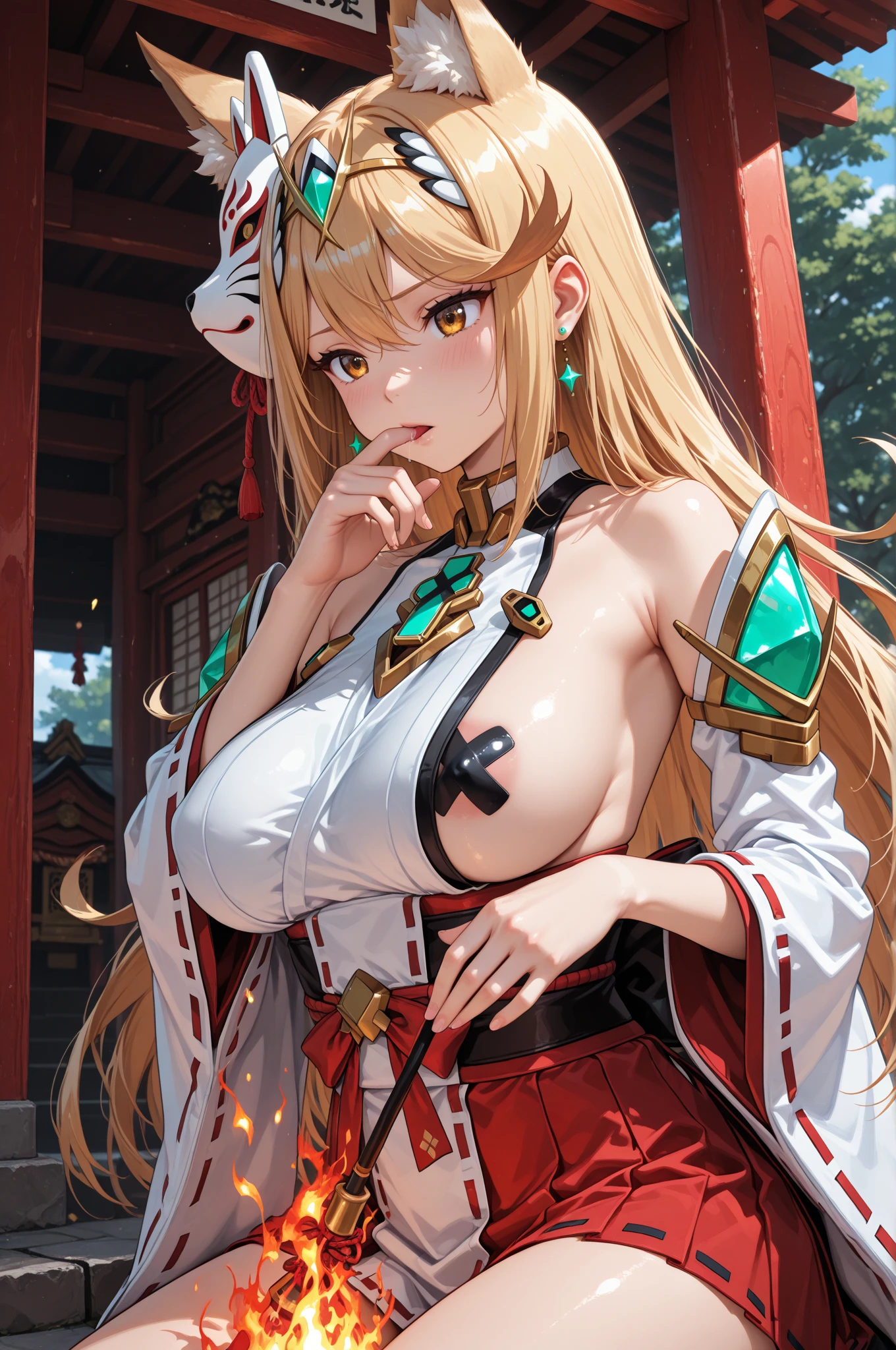 Highest quality, masterpiece, High resolution, detailed, Digital Art, Minerva VG, blue eyes, Blonde, Non-traditional Shrine Maiden, owl, (nsfw), japanese loincloth, (((Pubic hair is sticking out of the japanese loincloth))), (blonde pubic hair(4.0)), blush, perfect female body, cleavage between breasts, light pink nipples, areola slip, (ripped clothes into pieces),