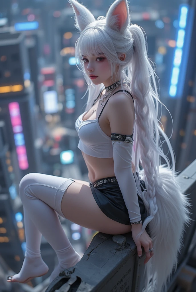 cyberpunk, 8k, real, 1girl, gray hair, purple eyes, glowing eyes, cropped top, skirt, parted lips, blush, night, flower, sun, sunlight, white skirt, short skirt, medium length hair, realistic, warm colors, white short skirt, white clothing, background color bright colors, daytime environment, light color background, saudi arabia, sea, cute, little bulging abdomen, huge breasts, Exaggerated clothing styling, (cat ears)