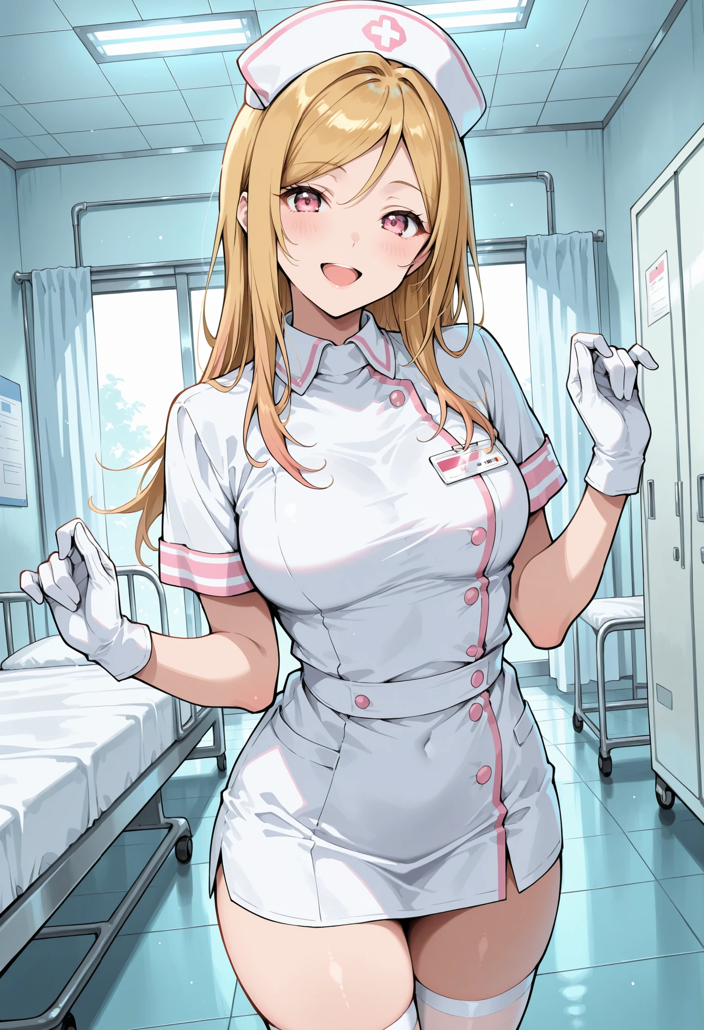 1woman, solo, nurse, white nurse cap, white nurse uniform, ((white legwear, zettai ryouiki)), white gloves, blonde hair, blue eyes, pink lips, smile, standing, ((hospital room)), sharp outline, short sleeves, mature female, 35 years old, best quality, masterpiece
