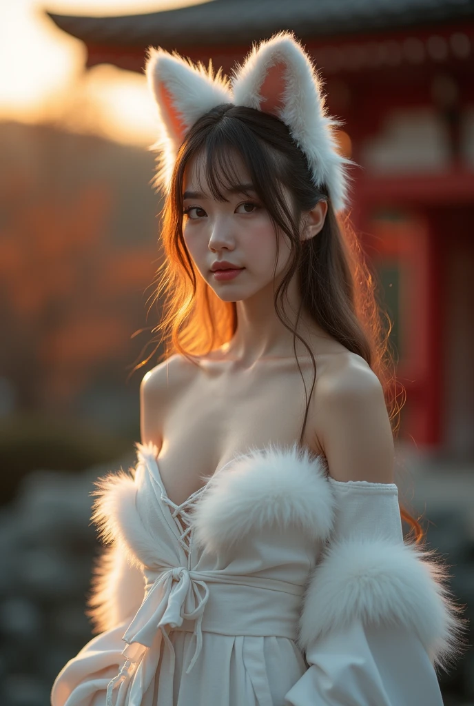 A beautiful fox spirit girl [1.2] with pointy ears [0.9] and multiple swaying tails [1.0]. She has snow white fur [0.8], piercing blue eyes [1.0], wearing a colorful flowing robe [0.7] and holding a paper umbrella [0.5]. Delicate facial features [1.1], surrounded by wisps of ethereal flames [0.6]. Mystical fox spirit miss, digital painting [1.5]