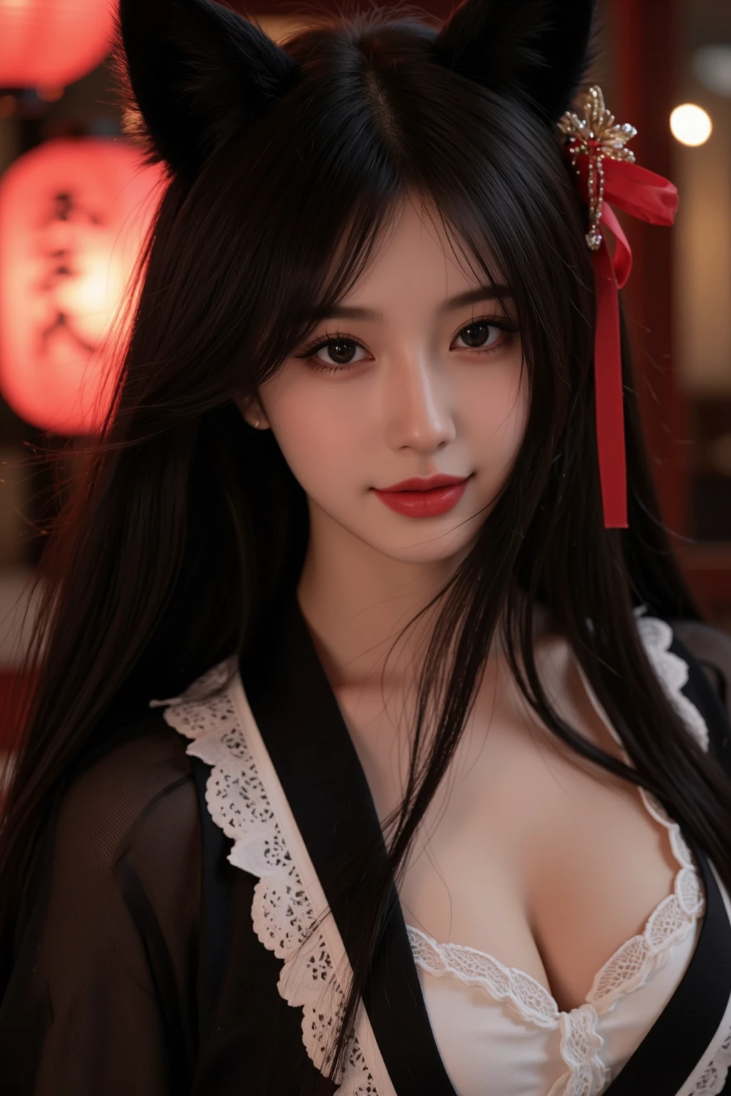 Scene is of a beautiful chinese girl on all fours in bed with camera in bed looking up at ceiling, Ultra-detailed、hanfu delicate Chinese、attractive beauty、seductive adult woman、pretty woman、piercing eyes、cool girl、long hair black bangs、shrine maiden outfit、wide sleeves、Black skirt、red lipstick, evil, hypnotized, brainwashed, vampire, emotionless, shrine maiden high-waist long skirt, on all fours with hanging breasts with erect nipples, hands between legs, arms squeezing breasts together, pantyhose, glazed look, parted mouth drooling, saliva trail onto cleavage, hypnotized, empty eyes, slave, obedient, submissive, happy trance, blissful, pleasure, lust