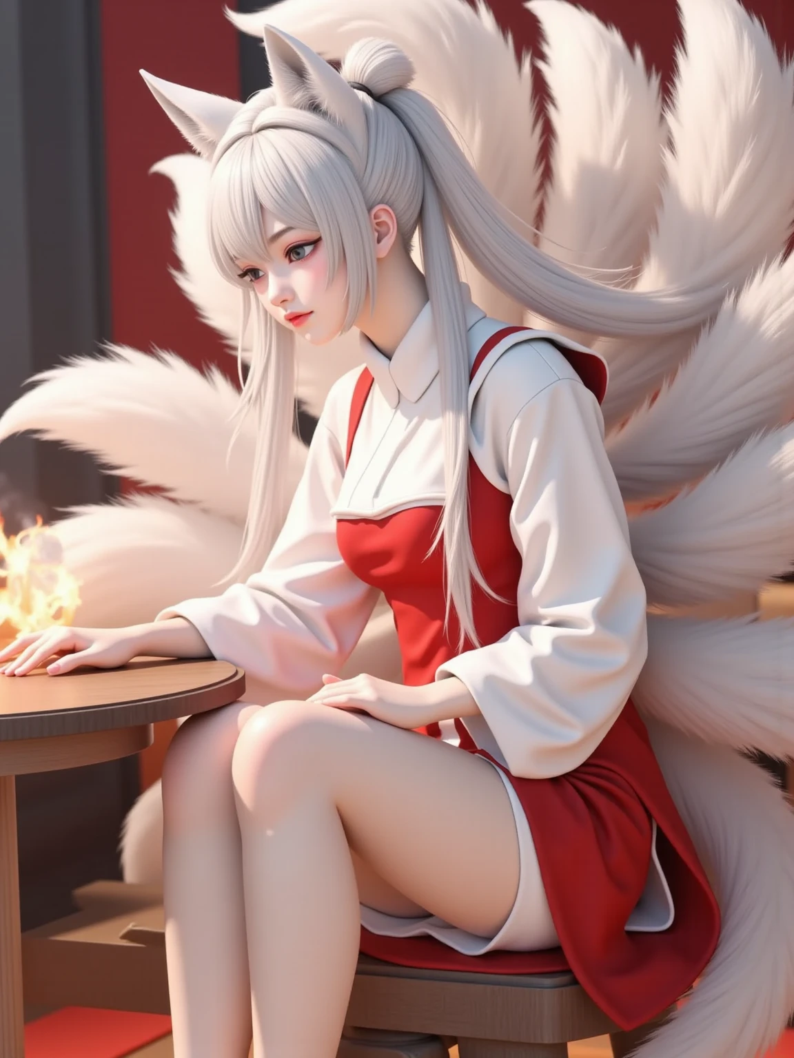 Need,tmasterpiece,Pink gradient to gray hair,Golden eyes,Look ahead,full bodyesbian,Hairline,Fair skin,Hair flying,ssmile,White tights,White knee-length socks,Beth,The hand emits flames,Titillating,White animal ears,White fox tail,Taoist uniform,