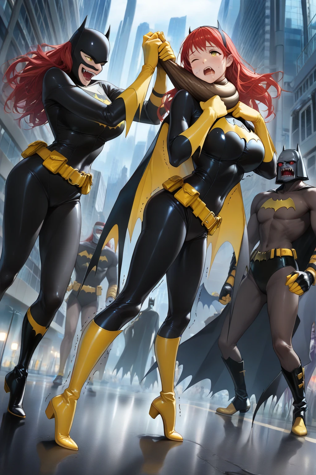 ((Full body)), ((1 girl in maid costume/Batman/Spider-Man, huge breasts, strong musculature)), front, looking at the viewer, furious, Super Saiyan 2 Red hair, red eyes, (((Super Saiyan 2 appearance)), completely wet body and clothes, destroyed city background with heavy rain and flood, anime, ((Super Saiyan Ultra Instinct)), Dragon Ball, mortal kombat, masterpiece, (16k:1.6), (high details: 1.6), (high quality: 1.6), (maximum resolution: 1.6)