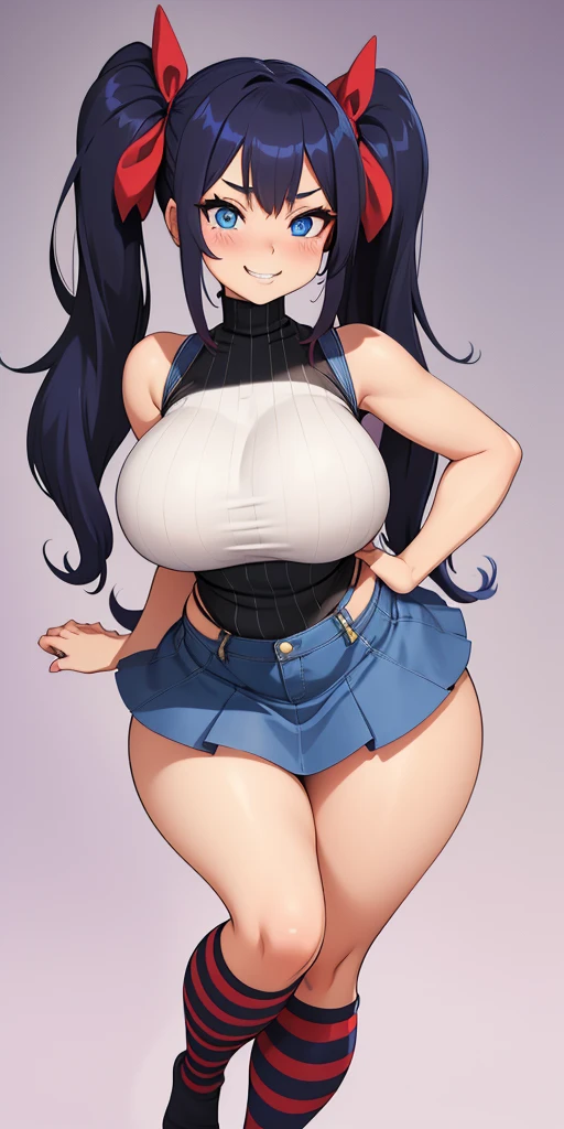 One Girl,{Knee-high socks}、(((Wide Hips)))、 (((Thick thighs)))、((Big Ass))、(Big Breasts) Embarrassed look,Short Stack、whole body、Sexy pose,jewelry、Earrings、Blue Skirt、Crop top、Holding、Absolute area、Pleated skirt