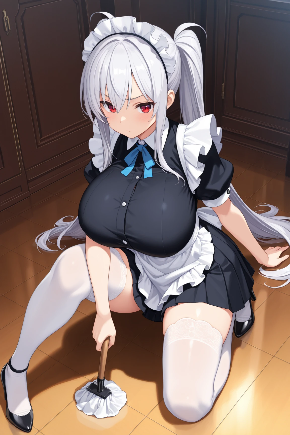 big breasts:1.5、、highest quality、very detailed、Very realistic eye masterpiece、highest quality、very detailed、gray hair、perfect face、long hair、white dress、sundress、anime、countryside、clear、slender、love juice、nsfw、Hard 、from below、masturbation、love juice、sticky liquid、Pee、Climax、Holding clothes in your hands、frills、Chin Chin、penis、Futanari、man&#39;s daughter、dick、peniale organ、rod