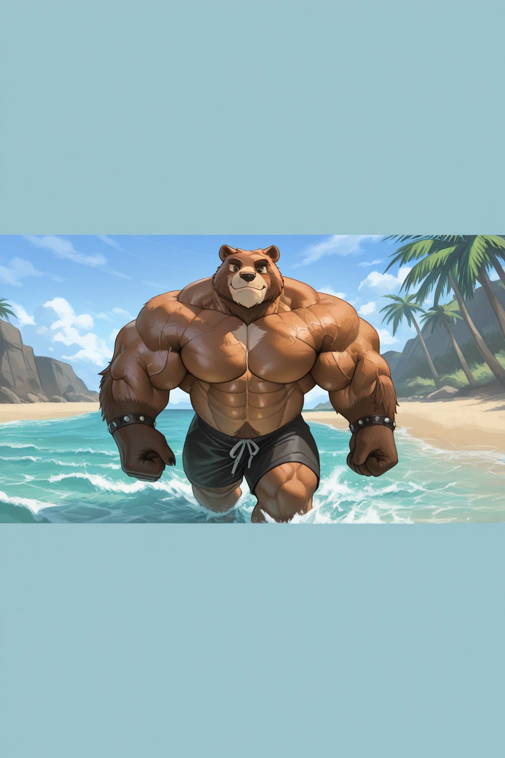 solo, 1boy, Huge Muscular Old Grizzly Bear wearing sunglasses, pectoral, huge pectoral, wide pectoral, short white hair, black competitive briefs short black wristbands and shirtless topless, bearded, Moustache, surf board, background, masterpiece, high detailed, 8k, high resolution, at the ocean, surfing the waves, riding the tides, catching the waves