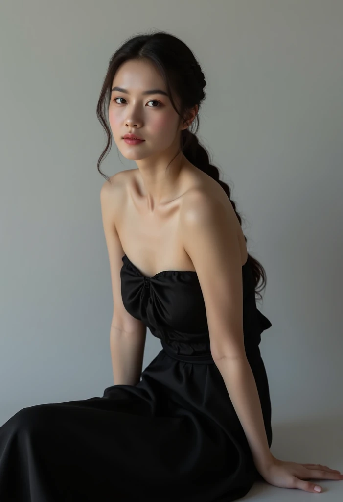 Arad woman posing for photo in black dress and hat, portrait soft light, soft light from the side, portrait soft low light, with backlight, medium portrait soft light, ( low key light ), Portrait dome light, Light effect. Feminine, medium portrait top light, Medium format. Soft light, Backlight contrast, shot on a Canon EOS R5
