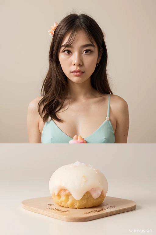 instagram photo, closeup face photo of 23 y.o Chloe in pink transparent cloth, cleavage, pale skin, (smile:0.4), hard shadows, cheer leader outfit, after shower with wet hair, curl hair, sexy vibe , full body standing in panties and bra in the bakery eating a pastry.