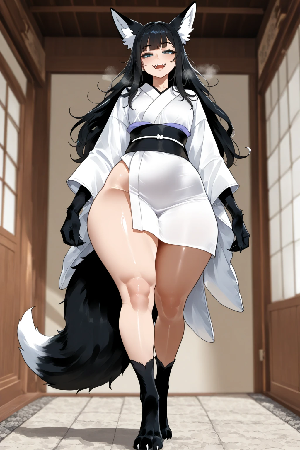 High quality, 4k, Massive breasts, older milf, black hair, motherly long braid hairstyle, purple eyes, thinner body, fit, milf body, nude, deep cleavage, big hips, full body, sexy pose. Lustfull look on face. Wolf ears and tail, No human ears