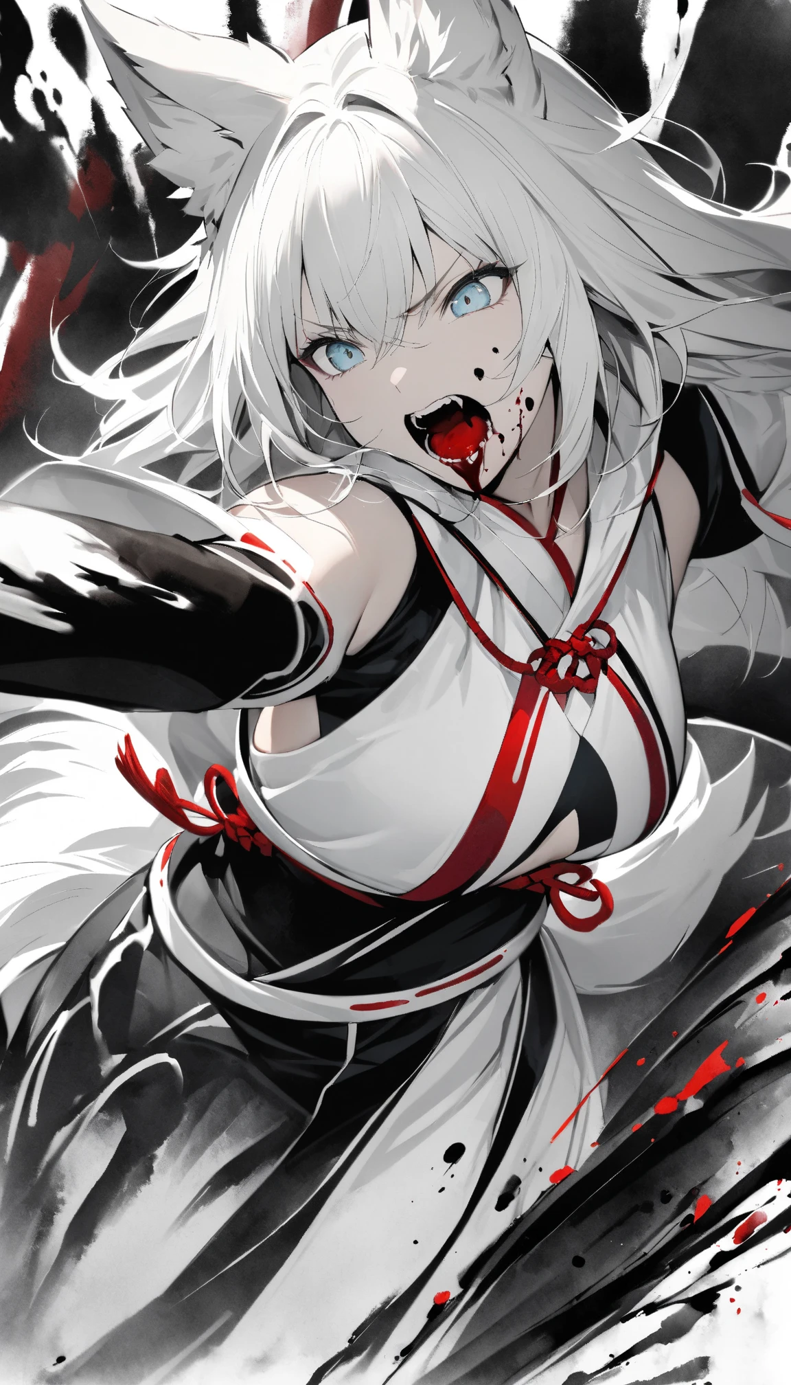 Create a woman with white hair and a kusarigama in her hands with a coat covered in blood.