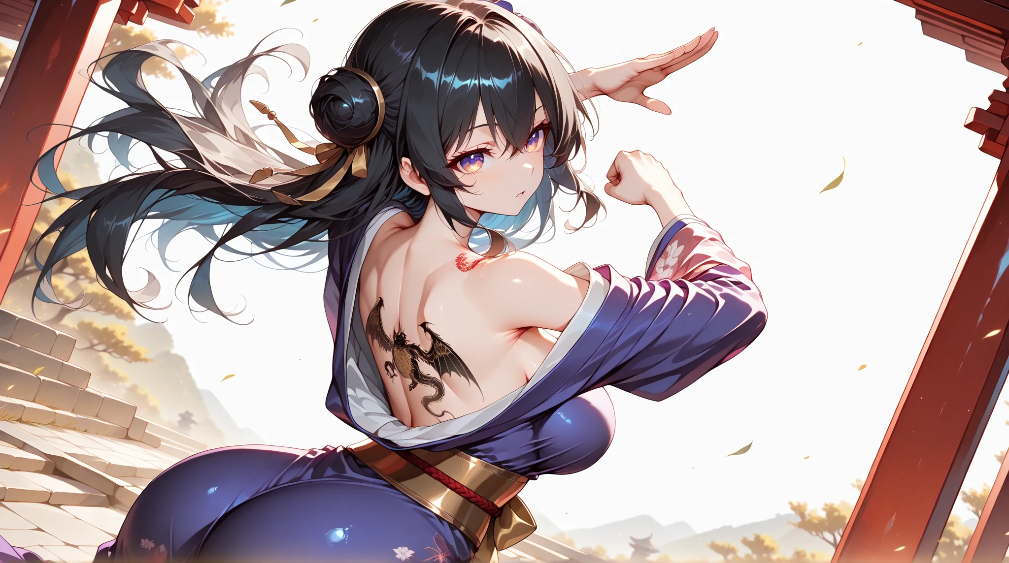 (Highest quality:1.3), (masterpiece:1.1), (figure:1.2), (Super detailed:1.2), Beautiful attention to detail, Beautiful detailed girl, (One girl), Ponytail Hairstyles, Detailed Background, Large Breasts, Cleavage, Very expressive, (Empty-handed:1.2), (Wushu Poses), Karate Black Belt, Frowning
