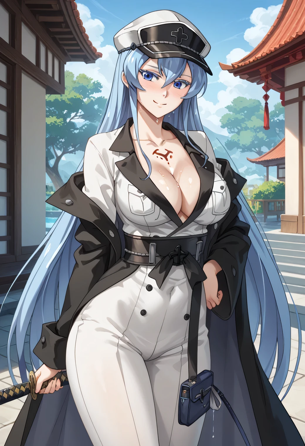 masterpiece, best quality, <lora:chkalov-nvwls-v1-000009:0.8> chkalov, brown eyes, choker, labcoat, black shirt, cleavage, white skirt, belt, black gloves, pantyhose, large breasts, profile, furrowed brow, smile, sky, clouds