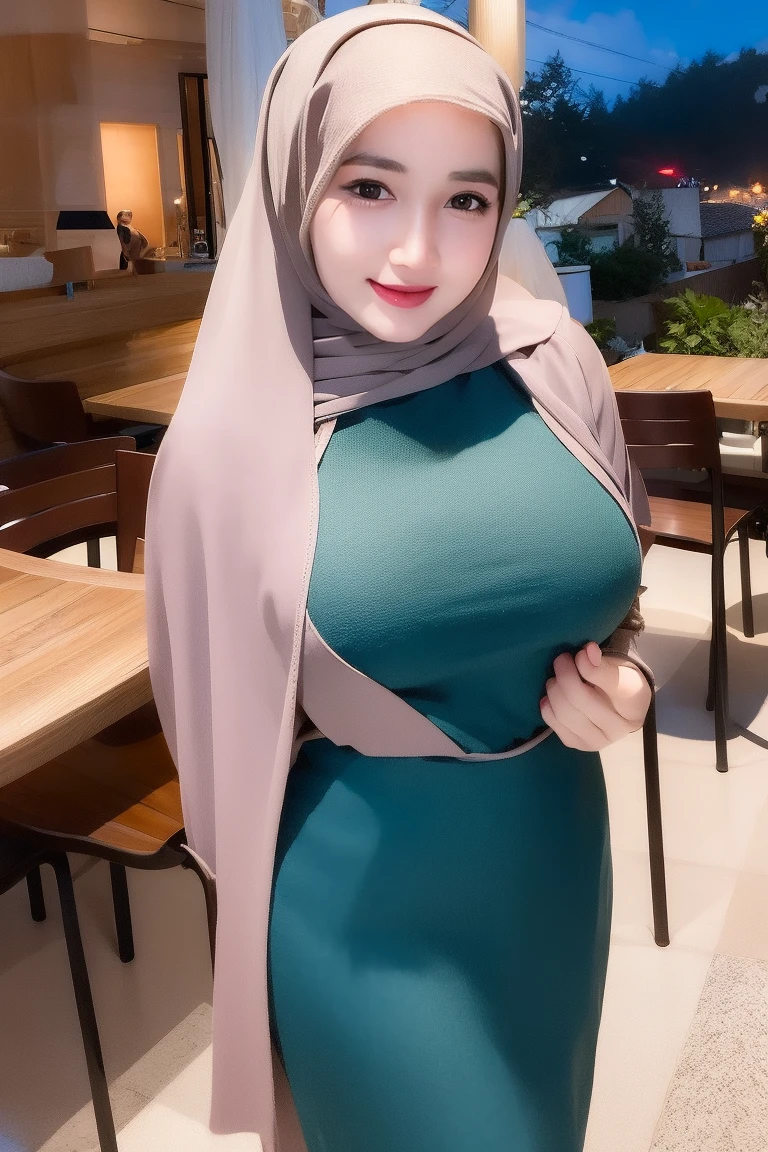 ((HIJAB HUGE BOOBS)), product quality, 1girl, full body shot, front view, a Japanese young pretty girl, shoulder length hair, wearing only a silky satin yellowish green apron with white frills over her naked body with a big smile, cooking in a kitchen, glamorous figure, busty, hyper cute face, glossy lips, double eyelids in both eyes, natural makeup, long eyelashes, shiny smooth light brown hair, asymmetrical bangs, fair skin, central image, high resolution, high detail, detailed hairstyle, detailed face, cinematic lighting, octane rendering, vibrant, hyper realistic, perfect limbs, perfect anatomy