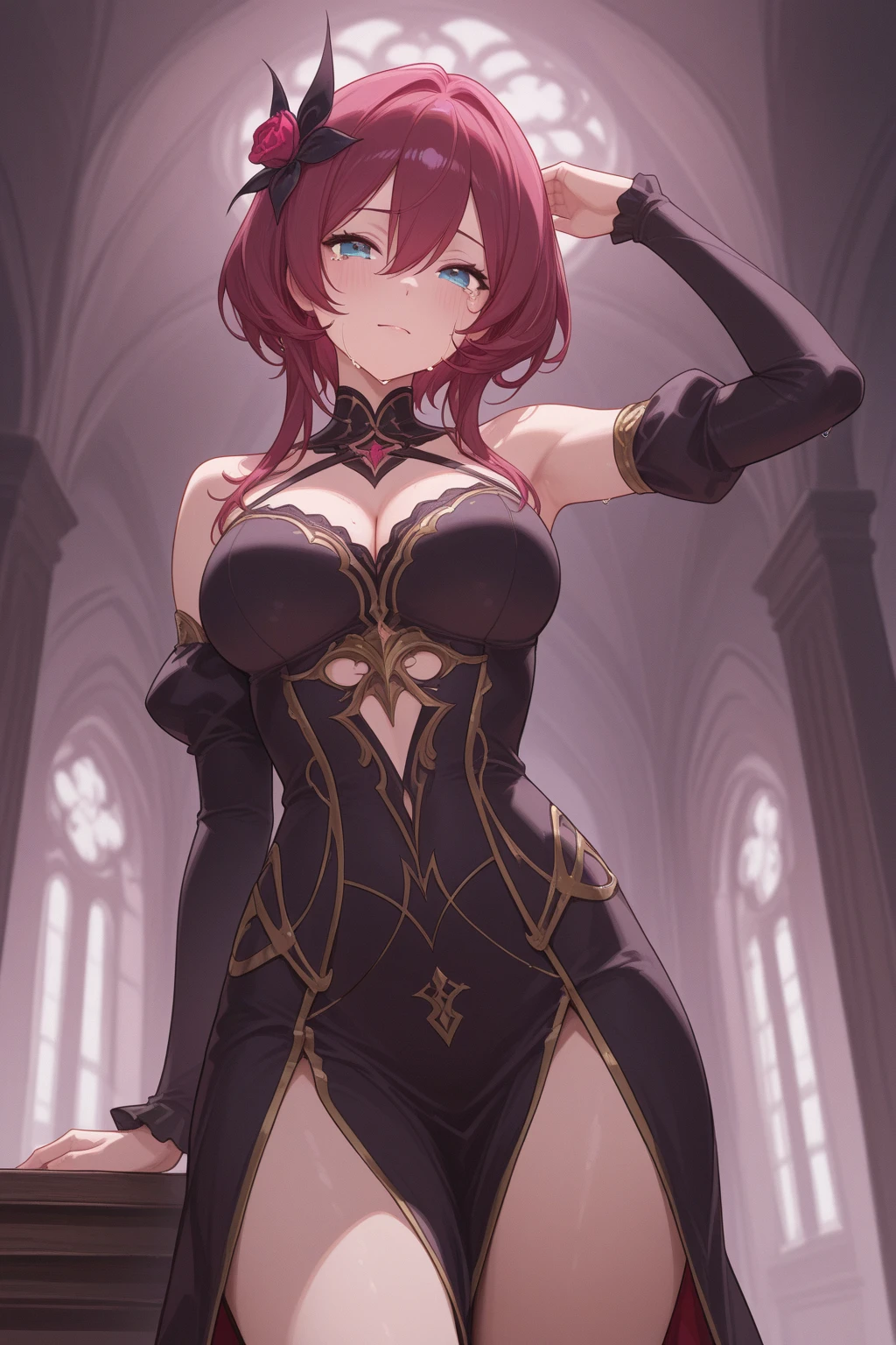 1girl, red hair, gold eyes, short bob hair, tall girl, anime screencap, intricate witch clothing, red and gold clothing, bare thighs, bare shoulders, big breasts, smile, hands on hips