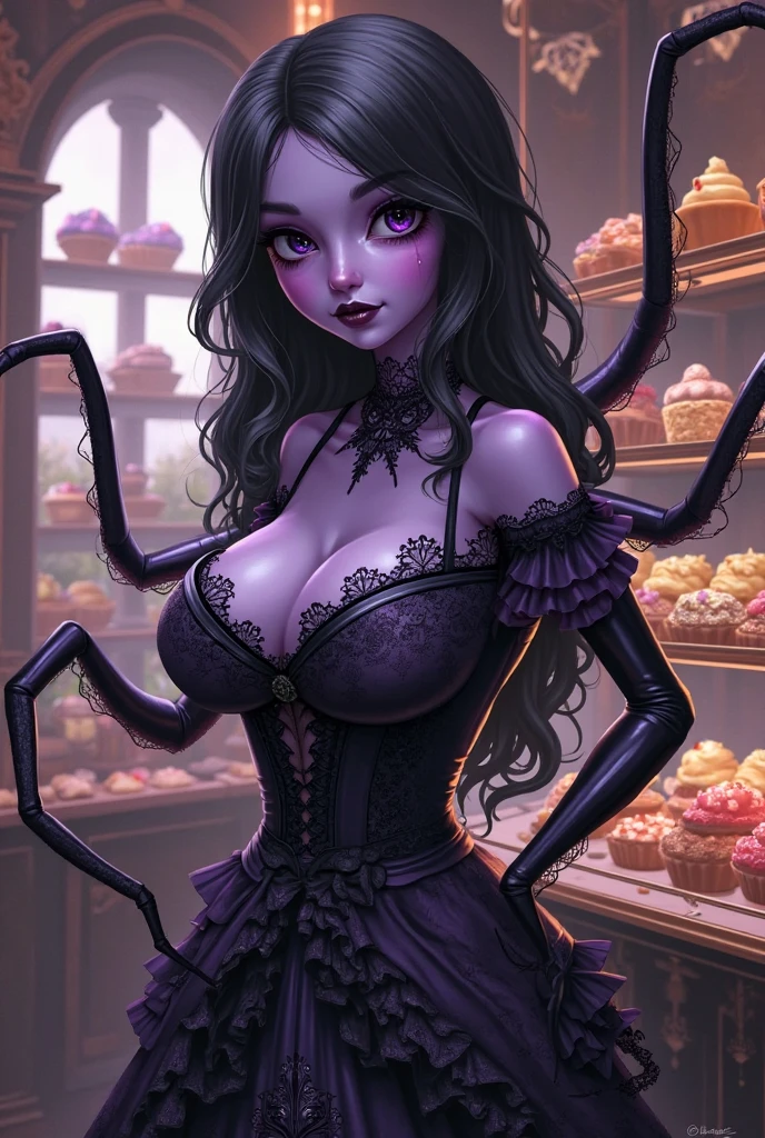 masterpiece, best quality, Maleficent holding a whole cake, 8k, White background,Solid color background,Woman holding cake, 8k, (Clear focus, Very detailed) Warren Tufts, Retro, deep cleavage, bakery shop in background