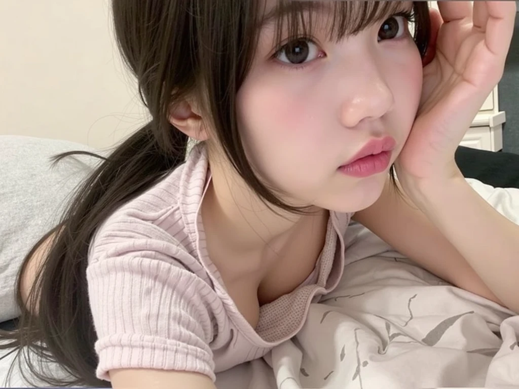 （（（（（Girl  with a vibrator、）））））（（（（（（Place it on your chest or groin）））））、, junior high school student with too big, 15 years old,Slim Japanese Gravure Idol、 sleeping on bed, plump, closing eyes, falling down, yawning, excitement, mask,