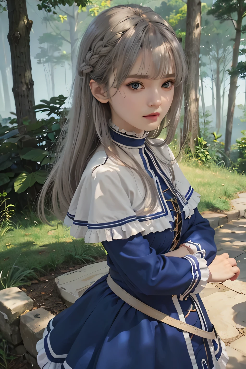 Lawine, frieren anime caracter, grey hair, blue eyes, blue clothes, outdoor background, detailed face, detailed hair, detailed eyes, detailed hand, ultra realistic, ultra detailed, best quality, masterpiece.