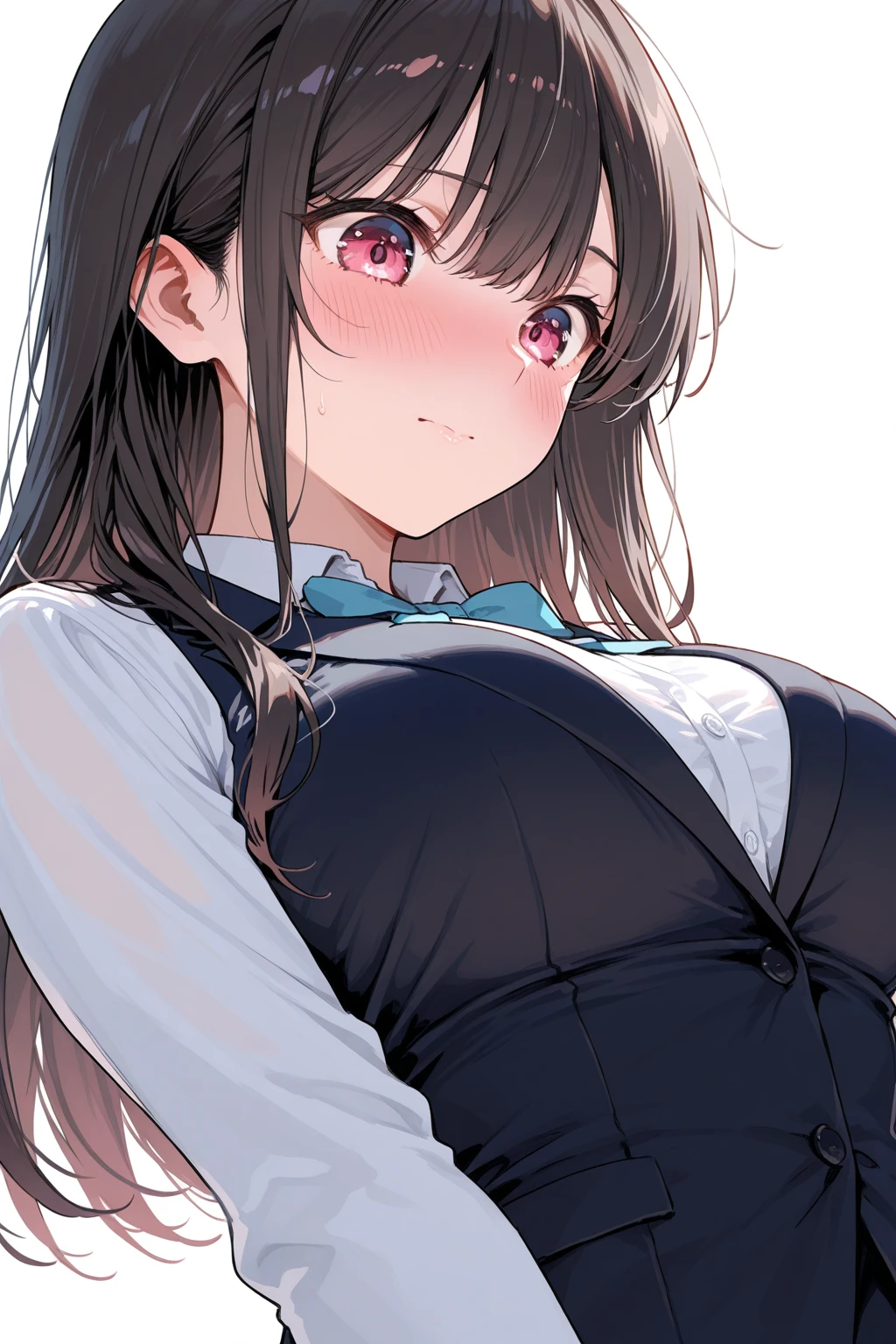 (NSFW:1.0)、perfect hand drawn、beautiful body line、1 beauty, (light purple eyeshadow), (thick neck:1.4)、thick body、(broad shoulders:1.4)、(face becomes smaller)、(pointed chest:1.6)、model body shape、(D cup breasts:1.4)、17 years old、clear eyes、big moist eyes、impatience and shy smile:1.2、((school uniform:1.2))、Shirt and knee-length skirt、(face focus:1.4)、messy long hair、evening、very detailed, detailed background, cinematic lighting, (A pure white bra visible through an unbuttoned shirt:1.5)、Breasts spilling out of a white bra