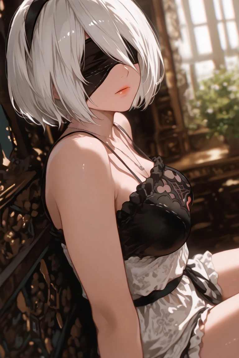 Short white hair, large breasts, green eyes, sitting, lustful face, sexy black lingerie, flat abdomen, black lace choker