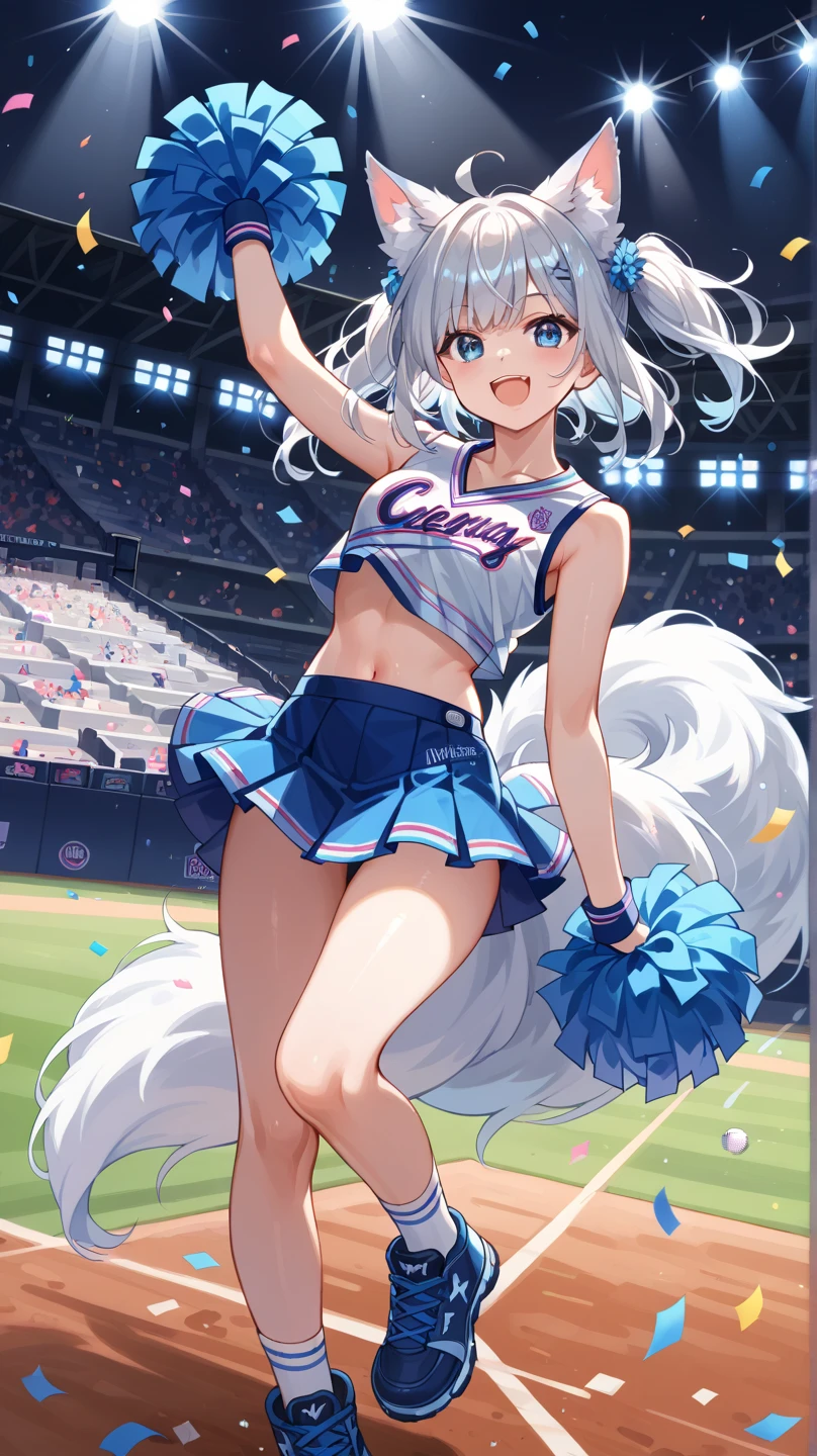 Silver Hair、Red Eye、Fox Ears、girl、Small breasts、ponytail、girl、Small breasts、Lolita、Bright smile、Looks about 15 years old、Petan Musume、short、目のhighlight、Sexy thighs、Cheerleader、Please show me your armpits、Your eyes are so beautiful、highlight