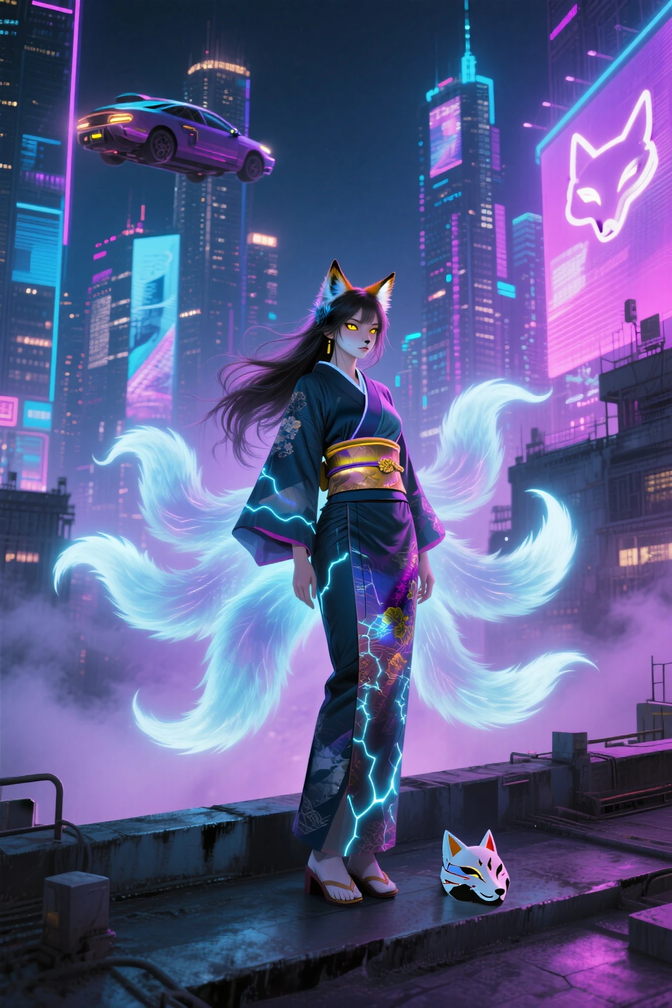 Detailed CyberPunk alleyway with ambient blue neon lights and a gritty, futuristic aesthetic. The beautiful and exotic Pitou from Hunter x Hunter stands in the center, wearing an elegant kimono adorned with intricate ant designs, cat ears, close up, cat tail, feline features.